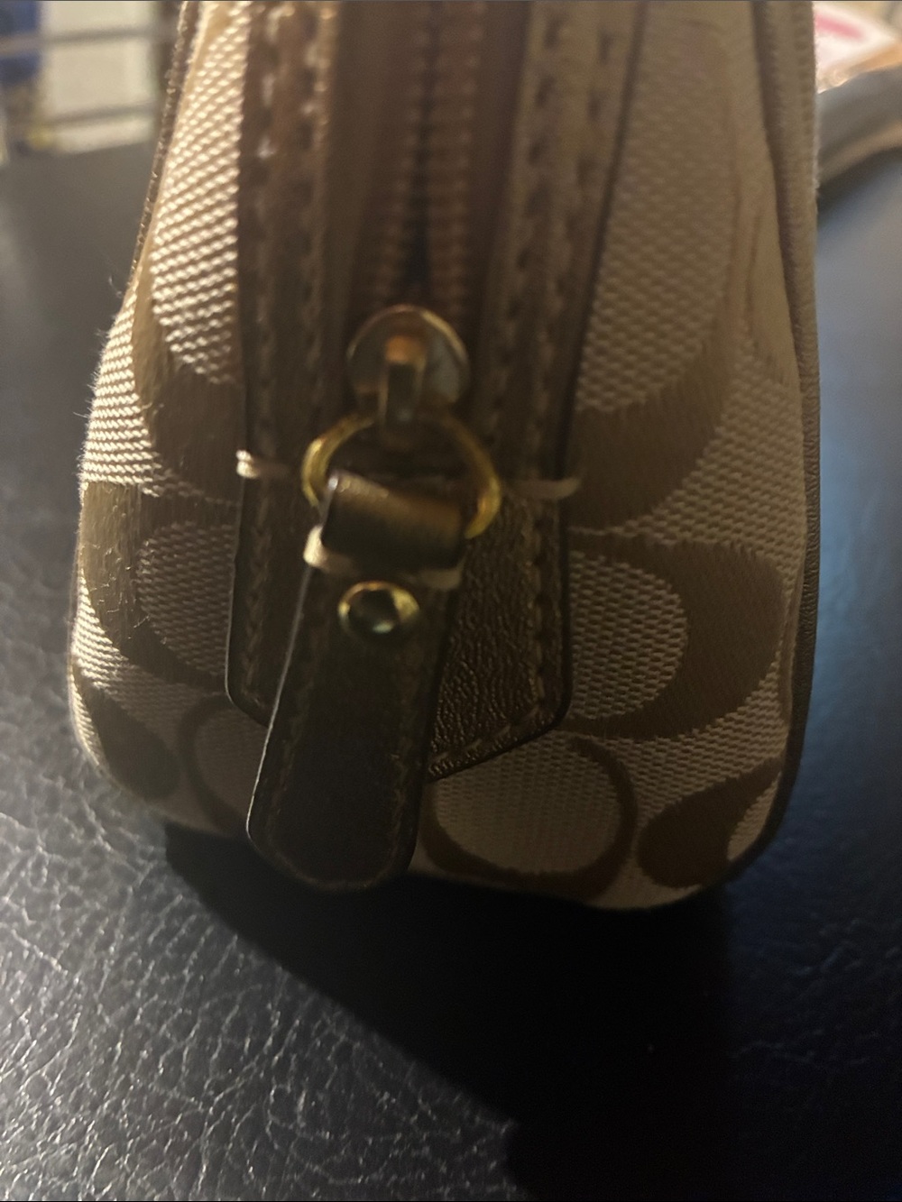 Coach Beige Signature Cosmetic Pouch with Metallic Gold Trim - Picture 3 of 4